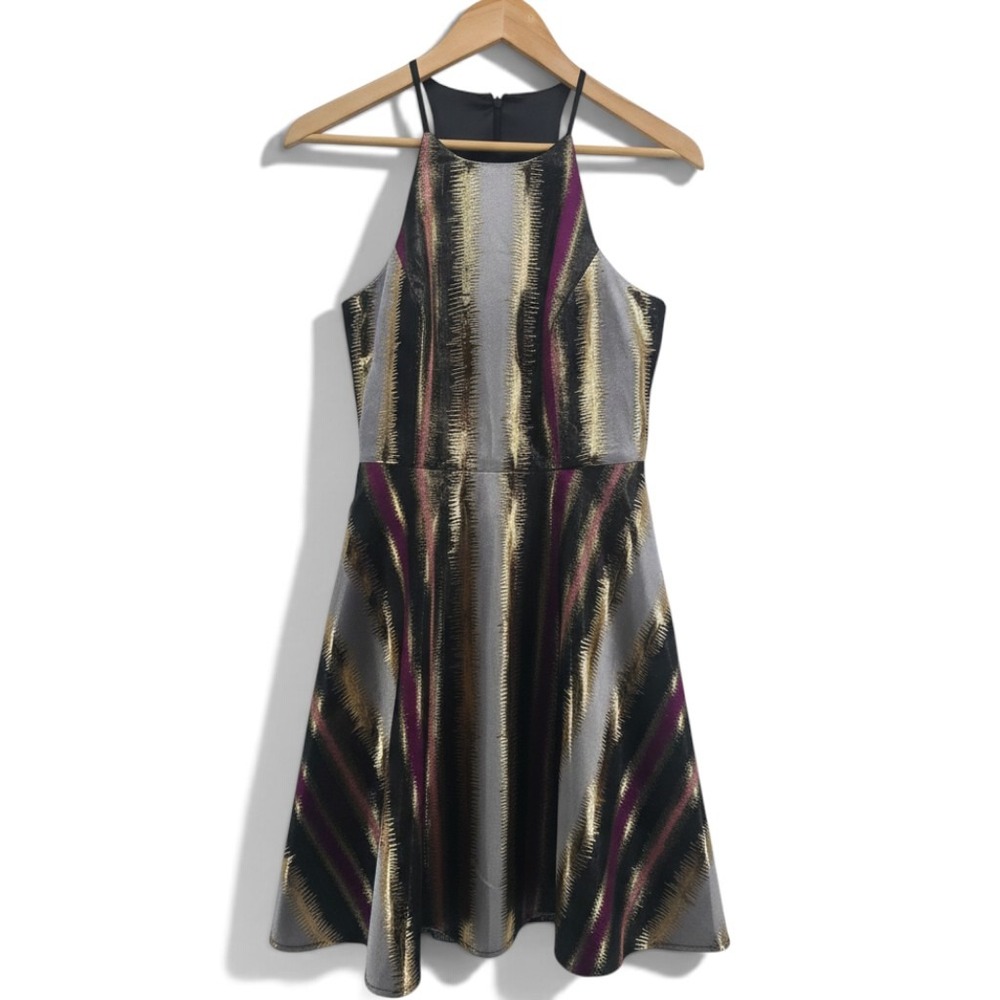 Belle Badgley Mischka Dress Womens 2 Fit & Flare Gold Metallic Halter NEW